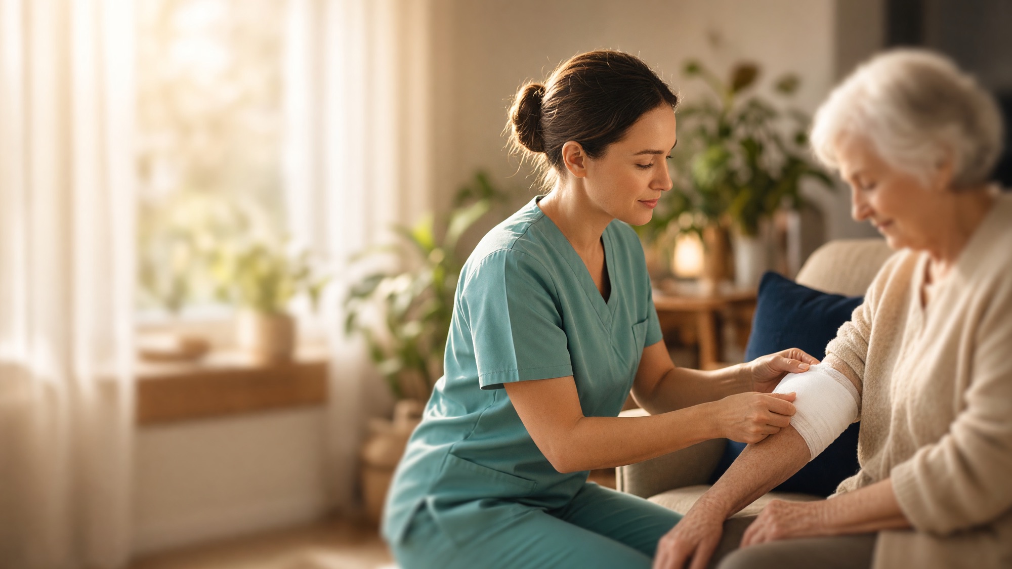 A nurse in teal scrubs gently bandaging an elderly patient's arm during a home visit