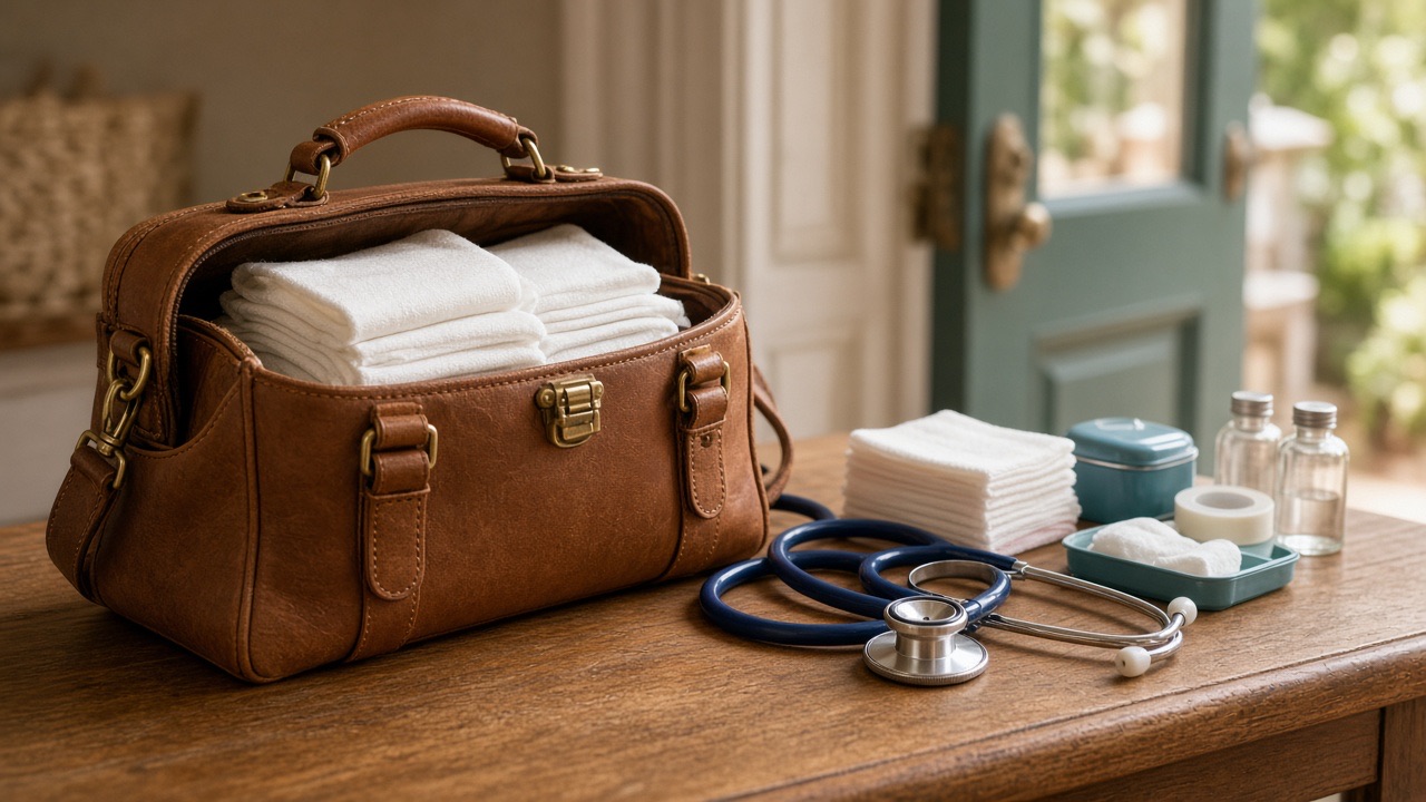 A nurse's home-visit bag with fresh bandages, a stethoscope, and wound-care supplies by a front door