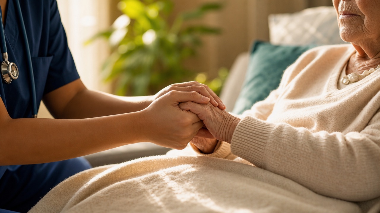 A caregiver gently holding the hand of an elderly patient resting at home