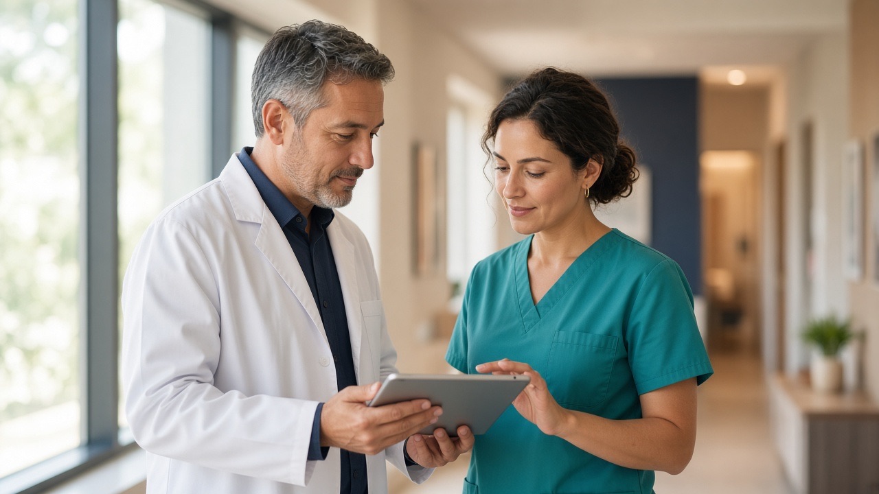 A physician and a nurse reviewing patient wound-care notes together on a tablet